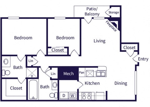 Floor plan for 2 beds, 2 baths, 940 sqft