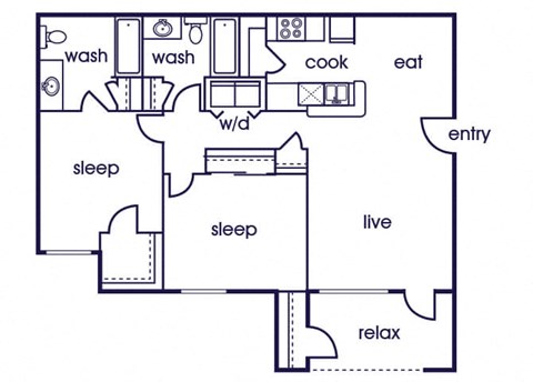 Floor plan for 2 beds, 2 baths, 950 sqft