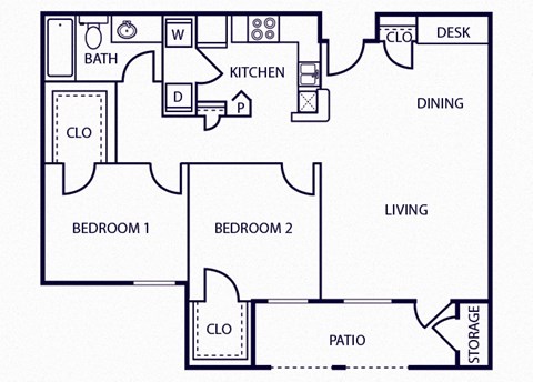 Floor plan for 2 beds, 1 bath, 950 sqft