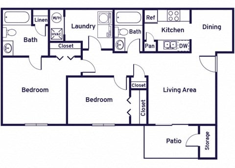 Floor plan for 2 beds, 2 baths, 955 sqft