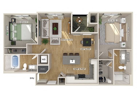 Floor plan for 2 beds, 2 baths, 972 sqft