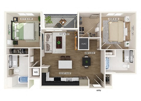 Floor plan for 2 beds, 2 baths, 984 sqft