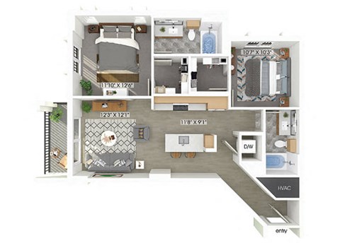 Floor plan for 2 beds, 2 baths, 1003 sqft