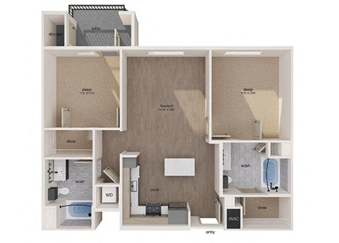 Floor plan for 2 beds, 2 baths, 998 sqft