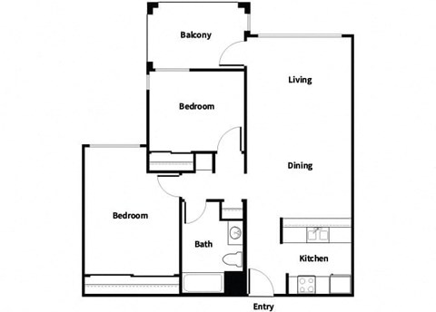Floor plan for 2 beds, 1 bath, 900 sqft