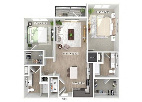 Floor plan for 2 beds, 2 baths, 1125 sqft