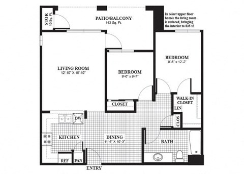 Floor plan for 2 beds, 1 bath, 853 sqft