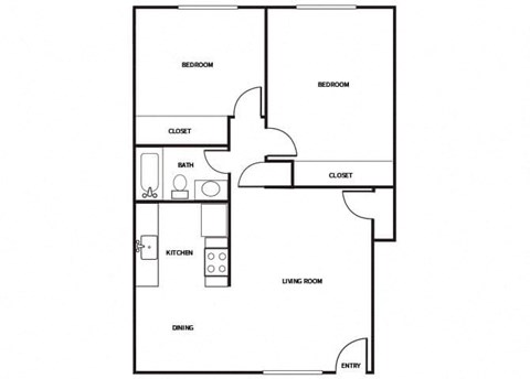 Floor plan for 2 beds, 1 bath, 850 sqft
