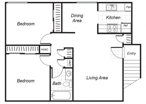 Floor plan for 2 beds, 1 bath, 806 sqft