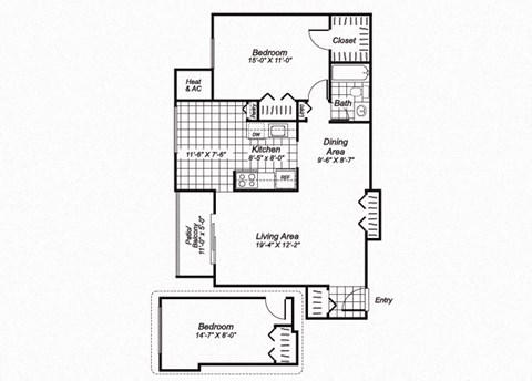Floor plan for 2 beds, 1 bath, 925 sqft
