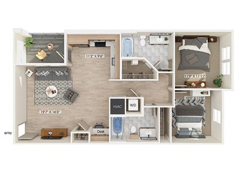 Floor plan for 2 beds, 2 baths, 1009 sqft