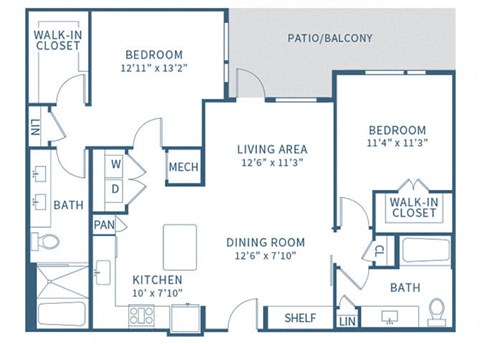 Floor plan for 2 beds, 2 baths, 1112 sqft
