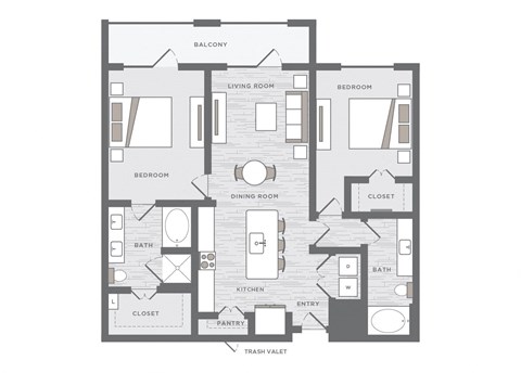 Floor plan for 2 beds, 2 baths, 1129 sqft