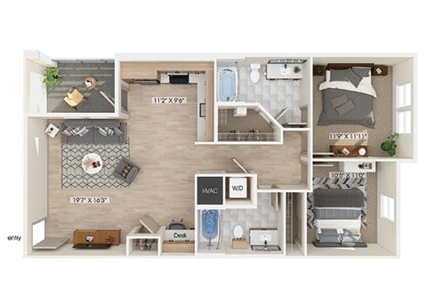 Floor plan for 2 beds, 2 baths, 1009 sqft