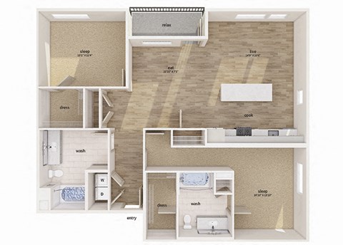 Floor plan for 2 beds, 2 baths, 1326 sqft