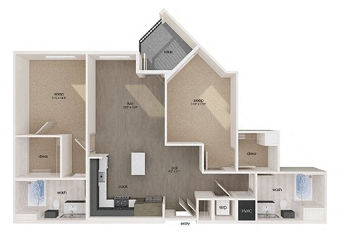 Floor plan for 2 beds, 2 baths, 1072 sqft