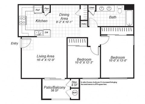 Floor plan for 2 beds, 1 bath, 879 sqft
