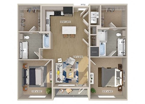Floor plan for 2 beds, 2 baths, 1151 sqft
