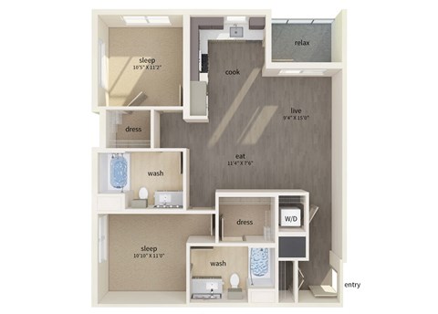 Floor plan for 2 beds, 2 baths, 1053 sqft