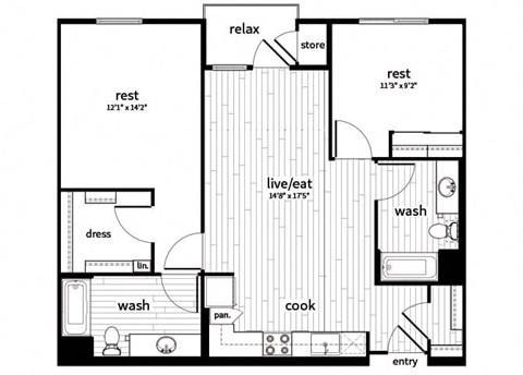 Floor plan for 2 beds, 2 baths, 1011 sqft