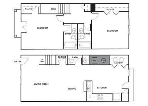 Floor plan for 2 beds, 2.5 baths, 1118 sqft