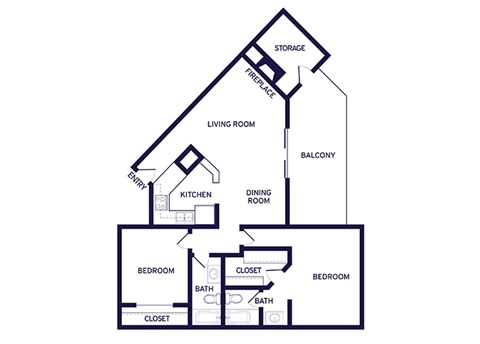 Floor plan for 2 beds, 2 baths, 1010 sqft