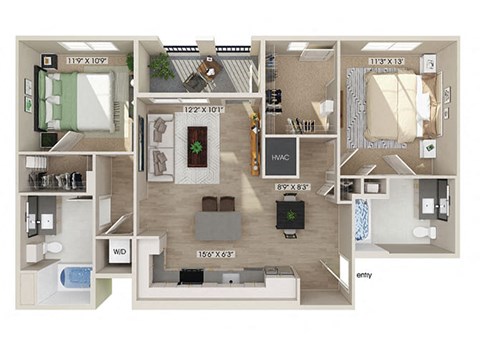 Floor plan for 2 beds, 2 baths, 1013 sqft