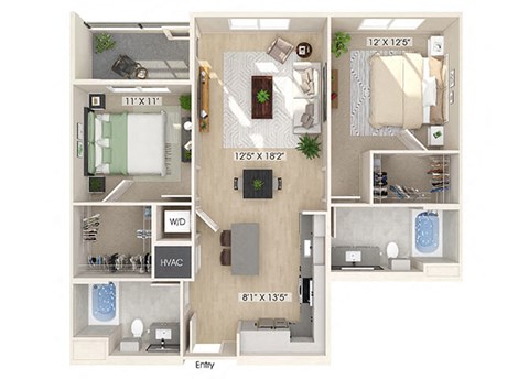 Floor plan for 2 beds, 2 baths, 1040 sqft