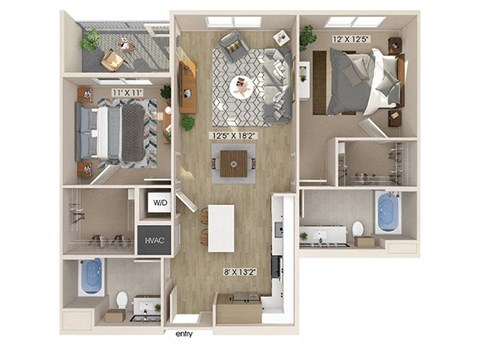 Floor plan for 2 beds, 2 baths, 1040 sqft