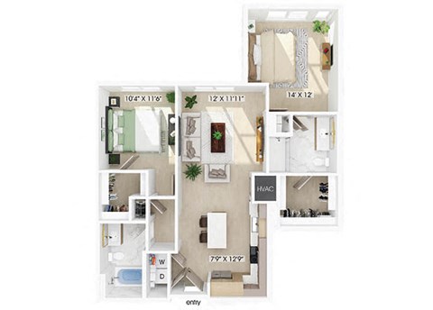 Floor plan for 2 beds, 2 baths, 1046 sqft