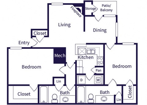 Floor plan for 2 beds, 2 baths, 1055 sqft