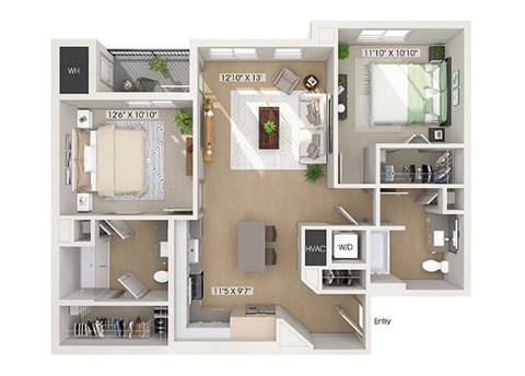 Floor plan for 2 beds, 2 baths, 1070 sqft