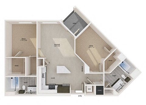 Floor plan for 2 beds, 2 baths, 1072 sqft