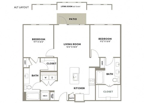 Floor plan for 2 beds, 2 baths, 1098 sqft
