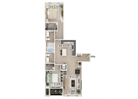 Floor plan for 2 beds, 2 baths, 1088 sqft