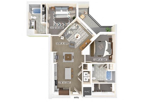 Floor plan for 2 beds, 2 baths, 1097 sqft