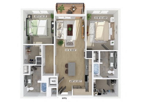 Floor plan for 2 beds, 2 baths, 1099 sqft