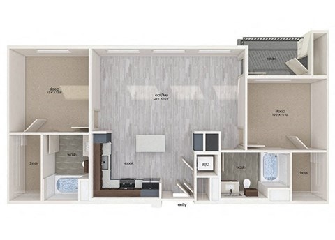 Floor plan for 2 beds, 2 baths, 1111 sqft