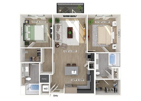 Floor plan for 2 beds, 2 baths, 1178 sqft