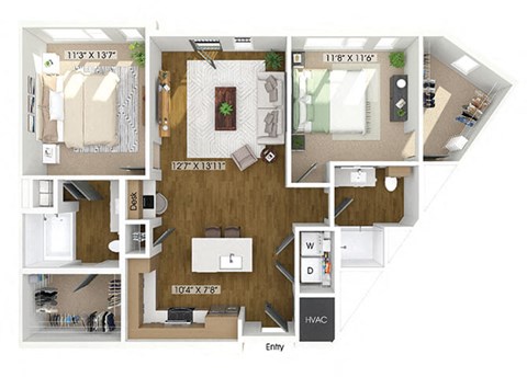 Floor plan for 2 beds, 2 baths, 1128 sqft
