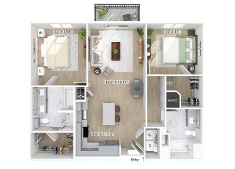 Floor plan for 2 beds, 2 baths, 1228 sqft