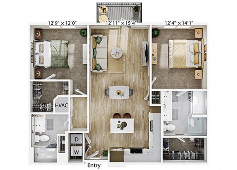 Floor plan for 2 beds, 2 baths, 1139 sqft