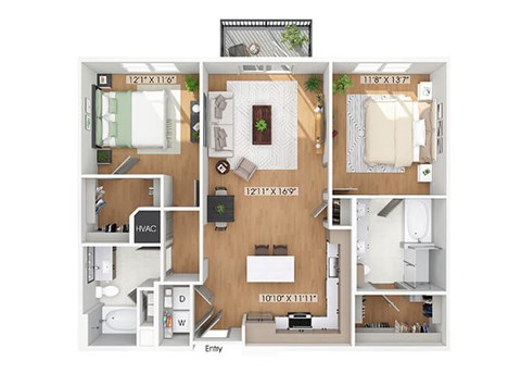Floor plan for 2 beds, 2 baths, 1139 sqft