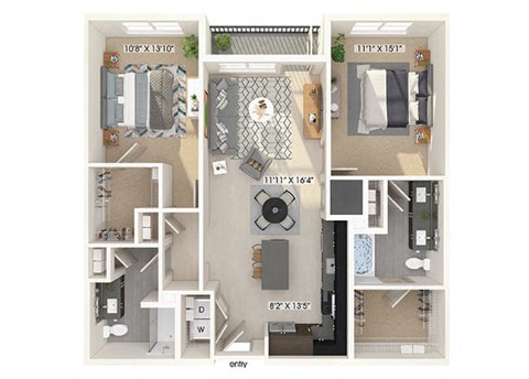 Floor plan for 2 beds, 2 baths, 1156 sqft