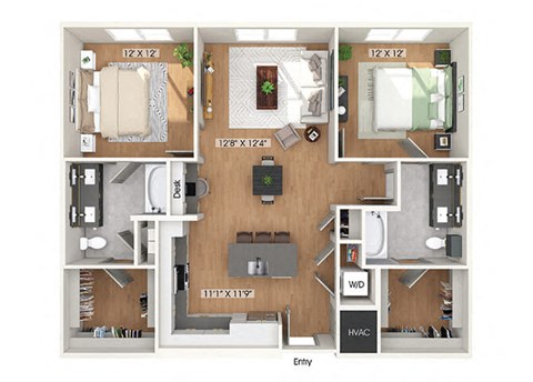 Floor plan for 2 beds, 2 baths, 1176 sqft