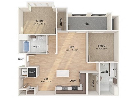 Floor plan for 2 beds, 2 baths, 1186 sqft