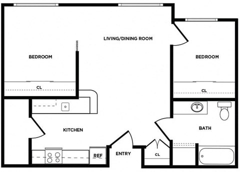 Floor plan for 2 beds, 1 bath, 618 sqft