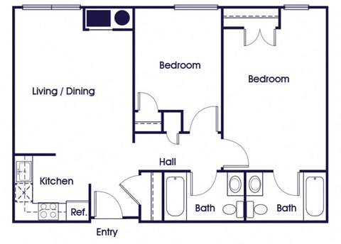 Floor plan for 2 beds, 2 baths, 816 sqft