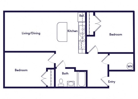 Floor plan for 2 beds, 1 bath, 866 sqft