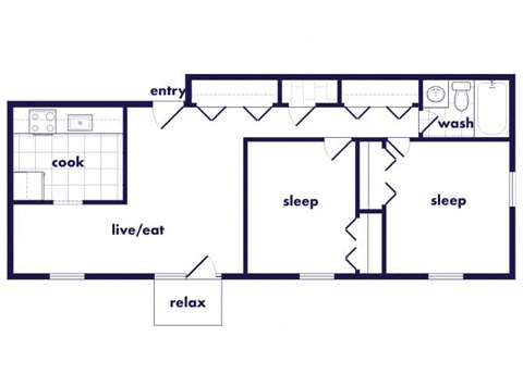 Floor plan for 2 beds, 1 bath, 884 sqft